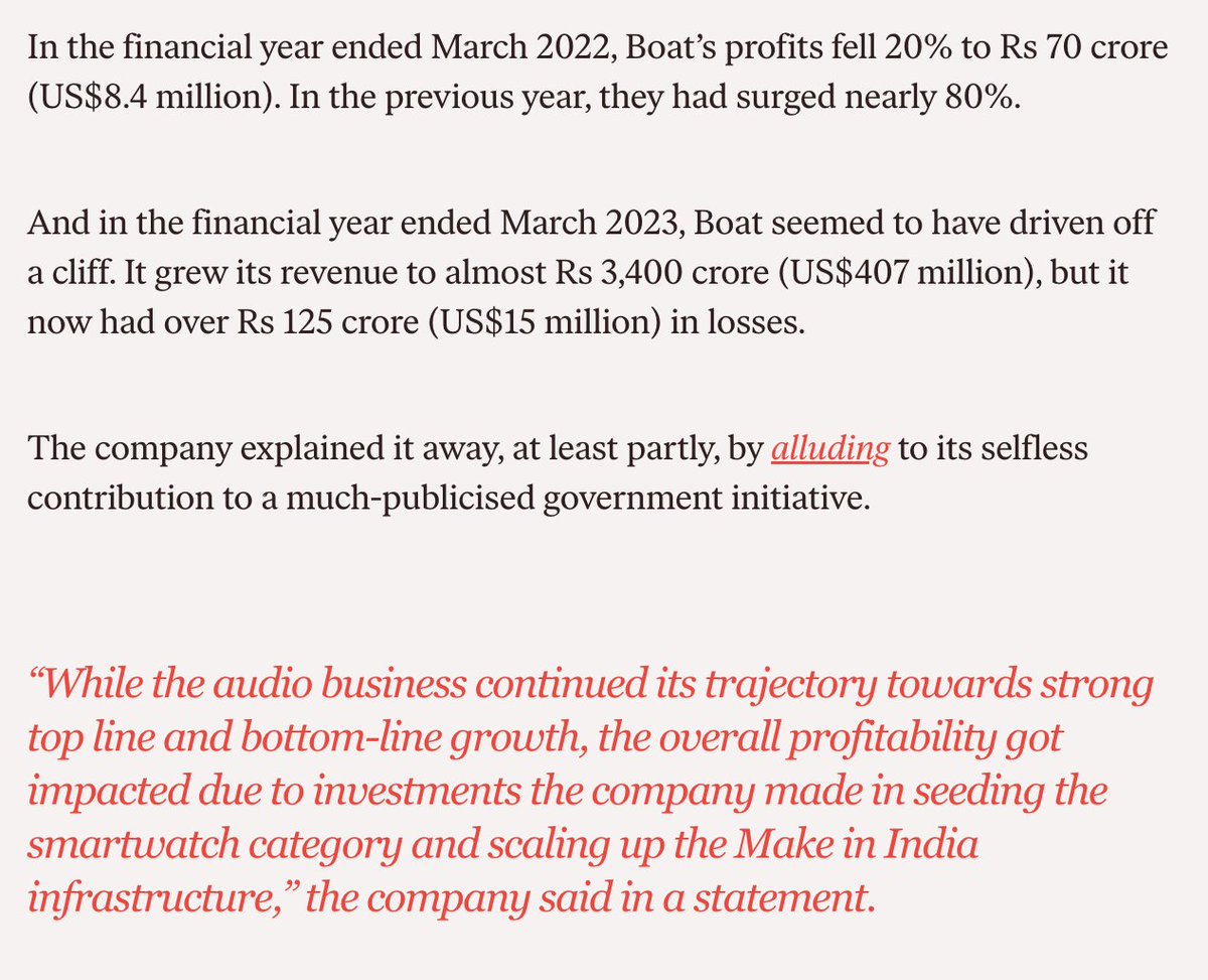 After years of being profitable, when Boat ran losses of over Rs 125 crore in FY23, it explained it away—at least partly—by alluding to its selfless contribution to a much-publicised government initiative.