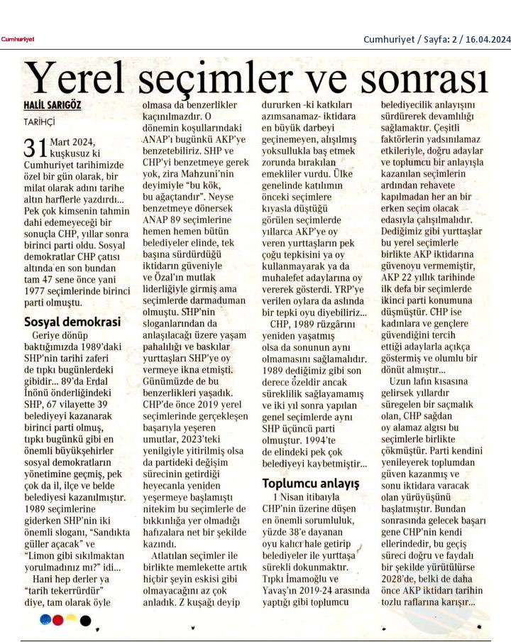 “Yerel Seçimler ve Sonrası” başlıklı yazım bugün Cumhuriyet’te.
Okumanız dileğiyle…