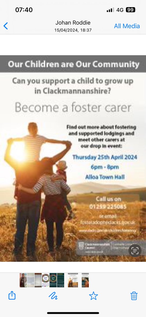 OUR CHILDREN ARE OUR COMMUNITY 

Can you support a child or young person to grow up in @ClacksCouncil  

🏢 ALLOA TOWN HALL
🗓️ 25th APRIL 2024
🕣 6pm - 8pm 

A diverse team are working to #KeepingThePromise across Clacks - be a part of it

#KeepThePromise @lorrainesanda @JMRoddie