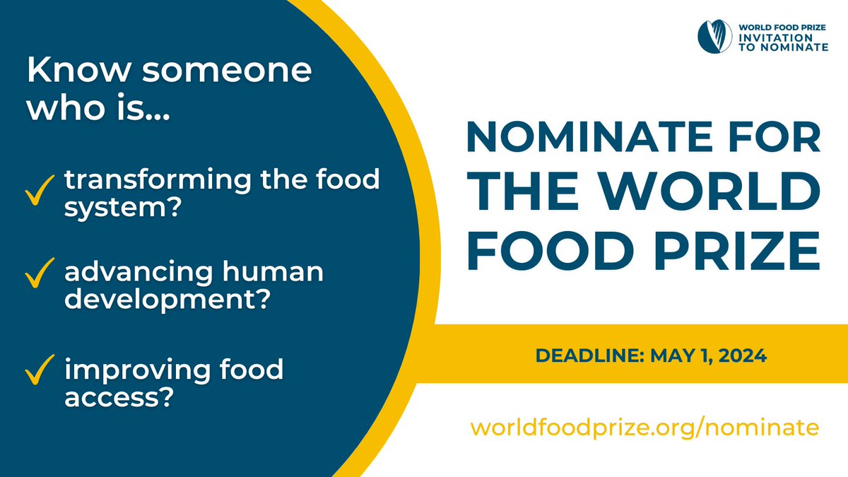 From advancing climate-resilience in #agriculture to promoting nutrition, @WorldFoodPrize Laureates are changing #FoodSystems. Do YOU know someone like this?

Check their eligibility and nominate them for the 2025 World Food Prize by May 1, 2024: bit.ly/FoodPrize25