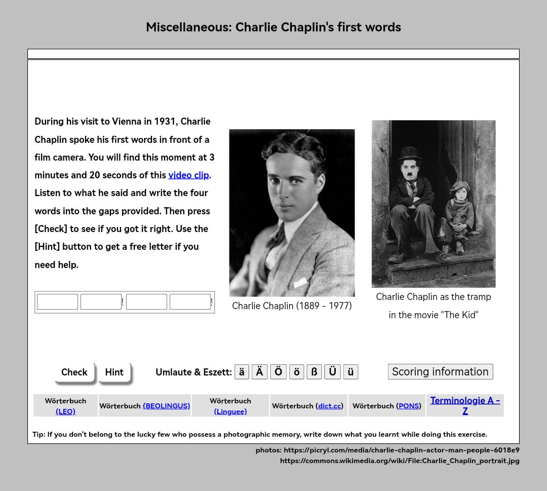 Am 16. April 1889 wurde Charlie Chaplin geboren. Aus diesem Anlass eine Aufgabe auf anyone4german.com Charlie Chaplins erste Worte auf Deutsch Sprachniveau A1 anyone4german.com/A1Lower/Chapli…