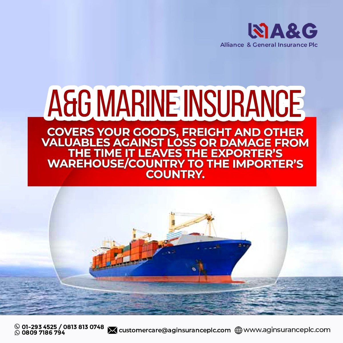 Smooth sailing ahead with A&G Marine Insurance! 🌊 

Protect your goods, freight, and valuables from departure to destination. We've got you covered at every port of call. Send us a DM to subscribe or for more inquiries. 

#MarineInsurance #CargoProtection #AllianceAndGeneral