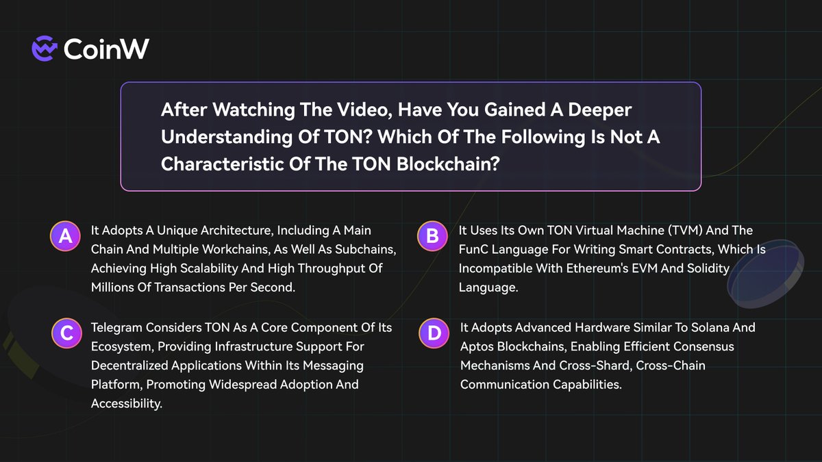 #CoinWAcadQuiz Time! Which of the following is not a characteristic of the $TON blockchain? 🎁 $50 bonus x 3 lucky winners! ⏰ 48 hours ✅ Follow @CoinWAcademyEN + RT + ❤️ ✅ Comment with your CoinW UID ✅ Cast your Vote 😝 Good luck!