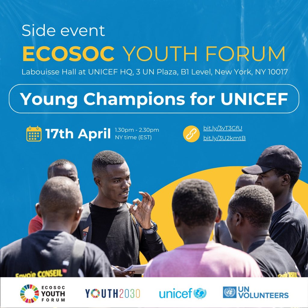 UNICEF DRC Young Champion Initiative, in partnership with @UNVolunteers, will be featured in a side-event, at the @UN Economic and Social Council Youth Forum on April 17th. 🇨🇩 To attend the event, register here : bit.ly/3vT3GfU. Online : uni.cf/4cVwSU9