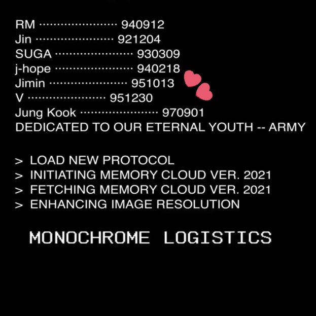 • El envío llegó al centro de inspección a las 03:09, cumpleaños de #YOONGI. • La inspección se completo a las 02:18, cumpleaños de #HOSEOK. — Nos quedan los cumpleaños de #JIMIN, #TAEHYUNG & #JUNGKOOK. MONOCHROME IS COMING BTS BTS BTS IS COMING #MNCR_Logistics #MNCR #BTS