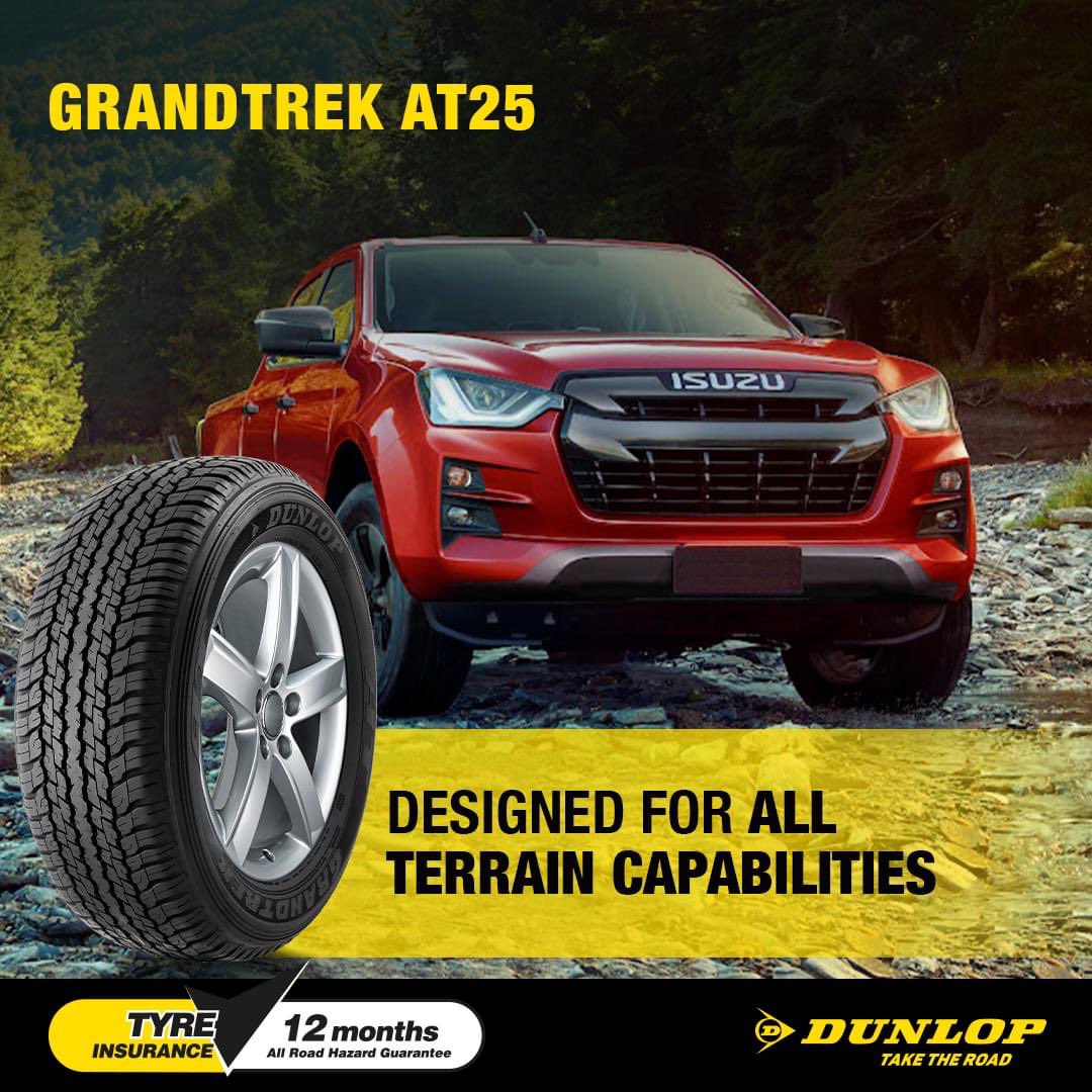 DunlopZone_BW's tweet photo. The GRANDTREK AT25 is an all-terrain tire that comes as original equipment on popular SUV models of Lexus and Toyota.
✅Smooth driving performance on highways &amp; city roads
✅Improved ride comfort
✅Off-road capability
✅Dynamic appearance &amp; style 
✅Long wear life and durability https://t.co/onIo187Bbu