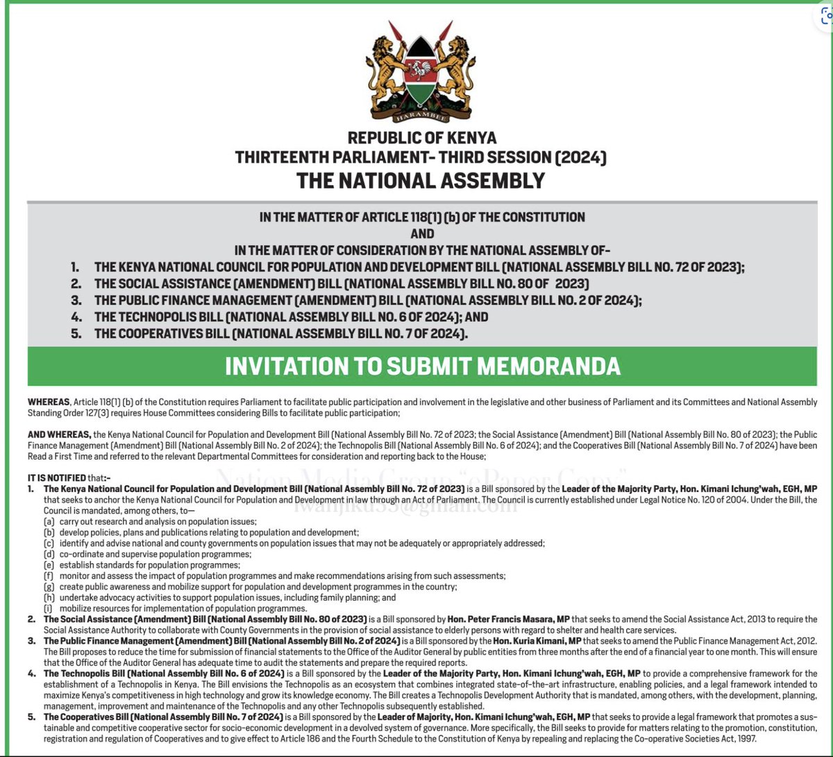 Call for public participation. Date advertised: 16th April 2024 Deadline for submission of memoranda: 30th April 2024. The National Assembly invites views on the following: 1. The Kenya National Council for Population and Development Bill (NA Bill No. 72 of 2023) 2. The Social…