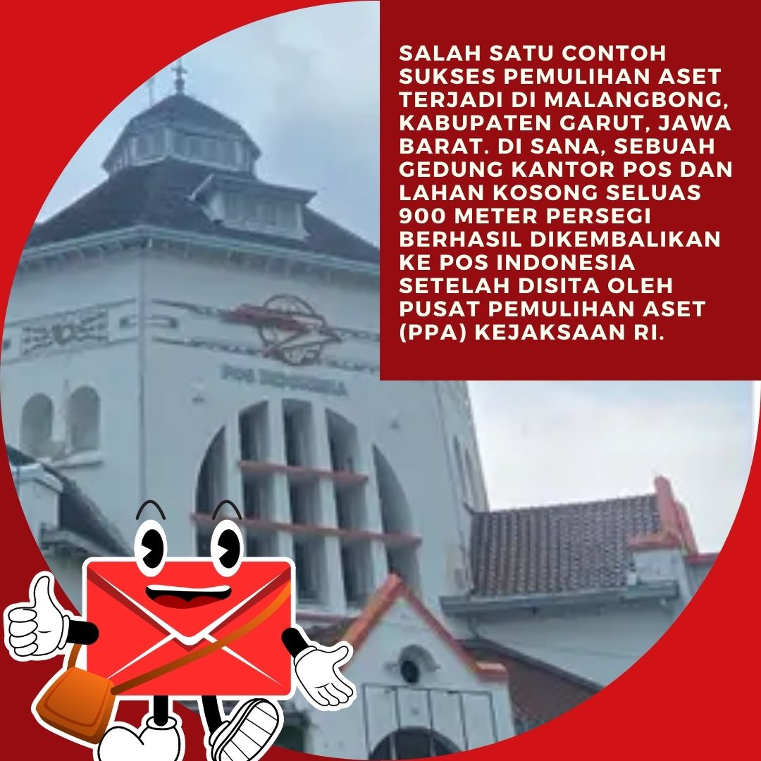 salah satu contoh sukses pemulihan aset terjadi di malangbong, kab Garut, Jabar. di sana, sebuah gedung kantor pos dan lahan kosong seluas 900 m²berhasil dikembalikan ke pos indonesia setelah disita oleh pusat pemulihan aset (PPA) Kejaksaan RI. @PosIndonesia #PosIND #PosIndonesia