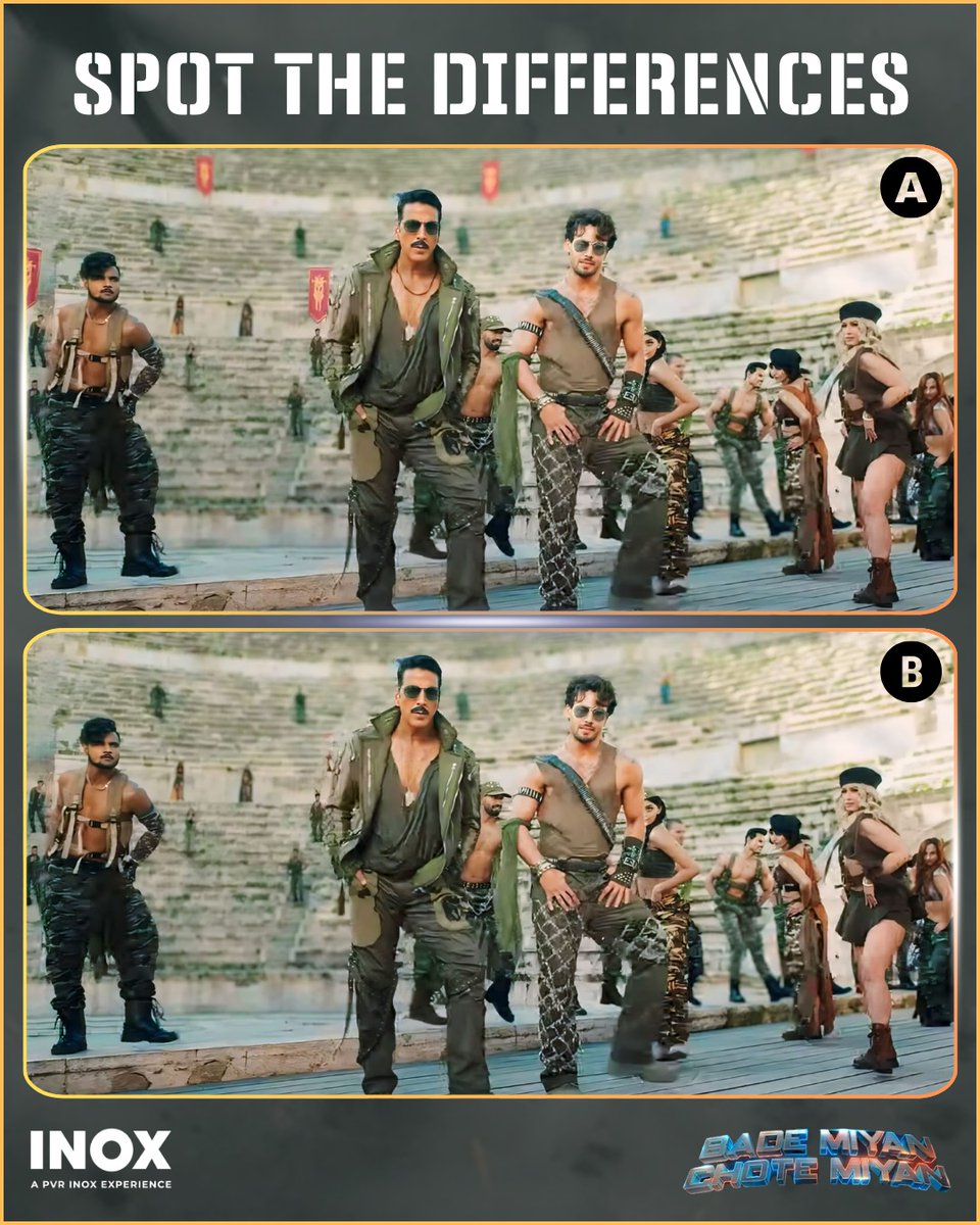 Its time to witness the swag of #AkshayKumar and #TigerShroff together for the first time Are you prepared for the challenge? spot the difference between these two frames.🔎 Let us know your answers in comments! Watch #BMCM at #INOX near you. Book your tickets now:…