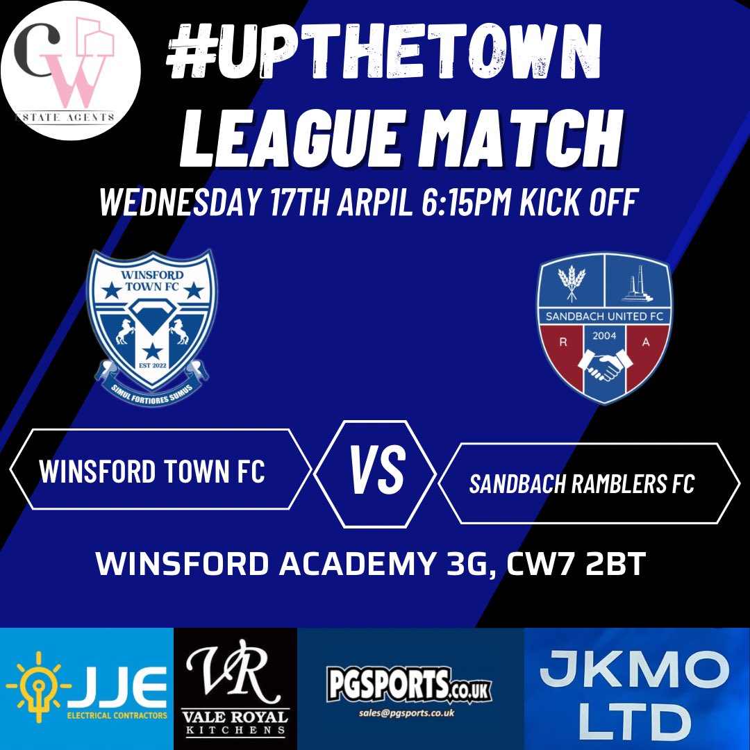 The Mid Cheshire District cup winners return to action tomorrow. 

🆚 Sandbach Ramblers FC
📆 Wednesday 17th April 
🏟️Winsford Academy 3G, CW7 2BT
⏰ 6:15pm Kick Off
🏆Cheshire Football League