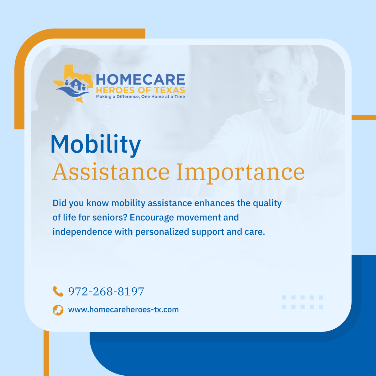Learn about the importance of mobility assistance for seniors' well-being. Reach out for tailored care solutions. 

#HomeCare #GarlandTX #MobilityAssistance #QualityOfLife #SeniorHealth