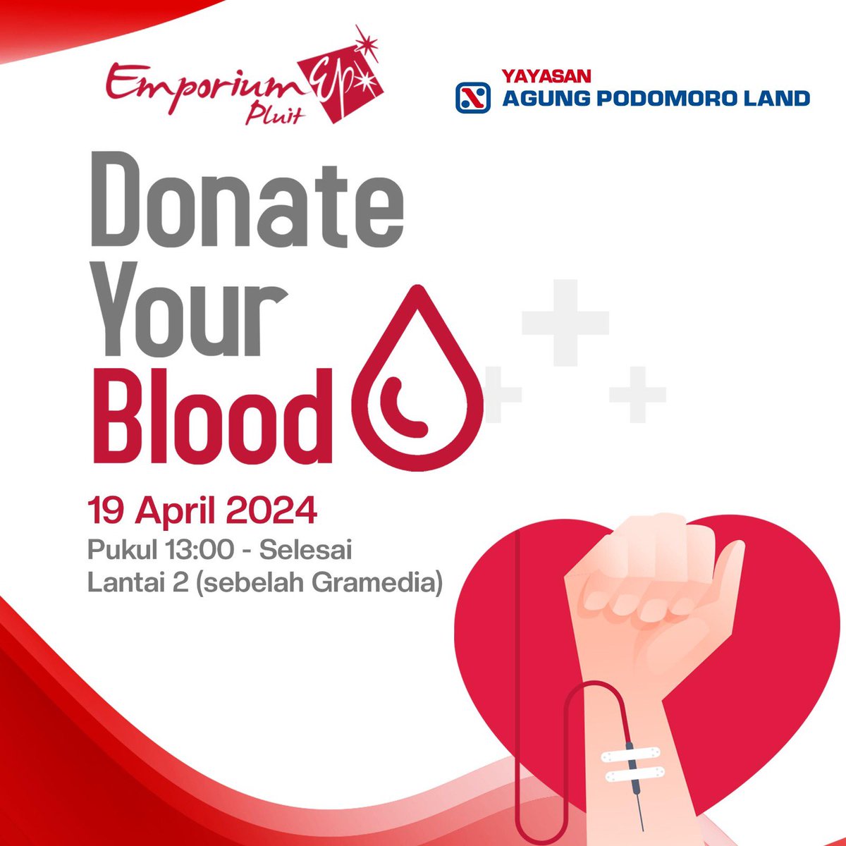 Di bulan April ini, Emporium Pluit Mall bekerjasama dengan Palang Merah Indonesia (PMI), dalam mengadakan kegiatan sosial Donor Darah, DONATE YOUR BLOOD. Ayo sumbangkan darahmu bagi mereka yang membutuhkan pada: 19 APRIL 2024 Pukul 13.00 - selesai Lantai 2 (sebelah Gramedia)