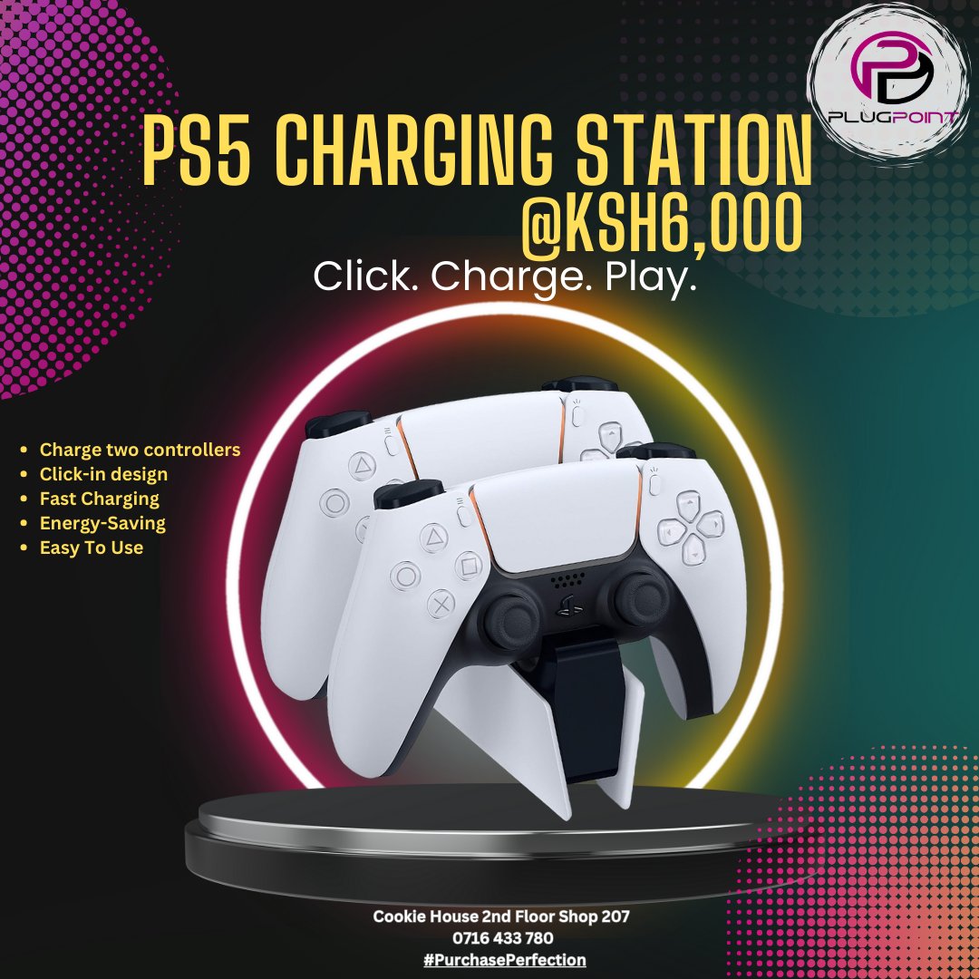 Click. Charge. Play.

PS5 CHARIGING STATION @KSh6,000

Charge two controllers
Click-in design
Fast Charging
Energy-Saving
Easy To Use

📍Cookie House 2nd Floor Shop 207 
📷 0716 433 780 
#PurchasePerfection