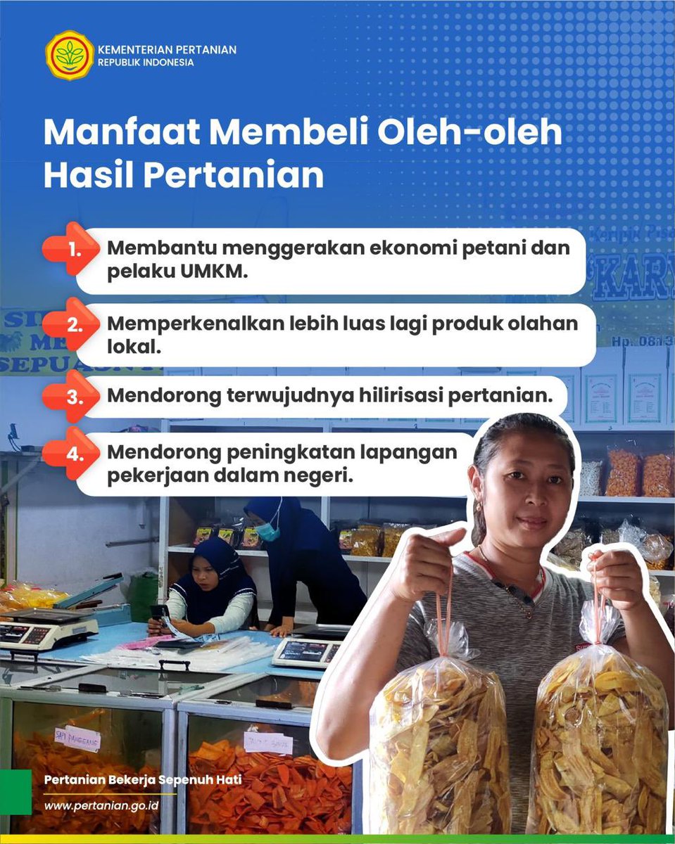 Kembali ke perantauan jgn lupa bawa oleh2 hasil pertanian mulai dari buah segar, hingga hasil perkebunan yg dpt dibagikan dan disantap bersama rekan kerja. Berikut #MinTani rangkum hasil pertanian yg kerap dijadikan oleh2. Sobatani bawa oleh2 apa ni dari kampung halaman?