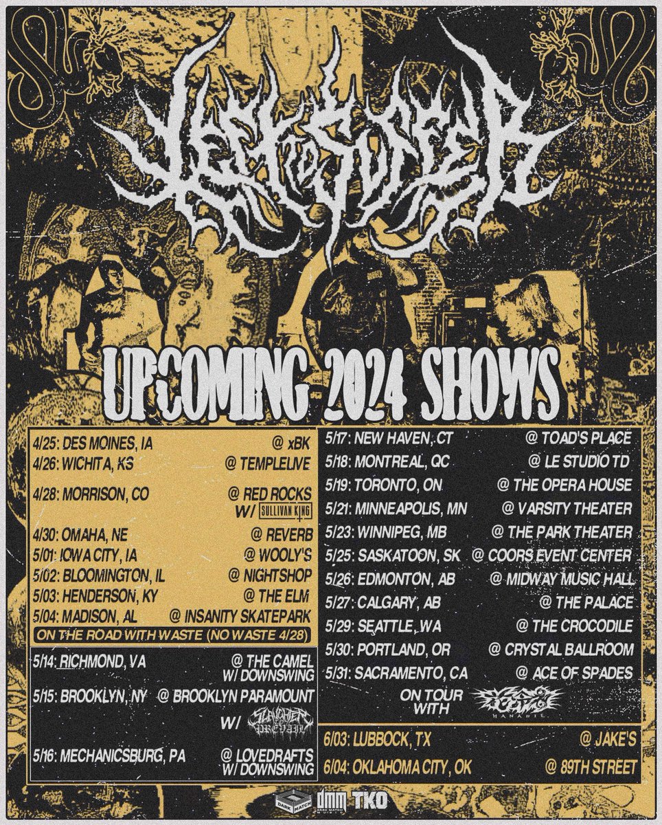 Updated list of shows for 2024. In April/May we will be out with @WASTEbandmn, and in May a tour with @HA_NA_BIE_ Don't for get about our Reckless Rocks Show with @SullivanKing either! 😤🐍