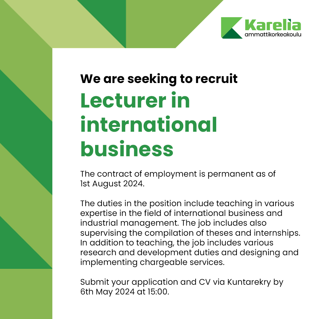 We are seeking to recruit a Lecturer in International Business. Recruitment is anonymous. Submit your application and CV via Kuntarekry by 6th May 2024 at 15:00. kuntarekry.fi/fi/tyopaikat/l…