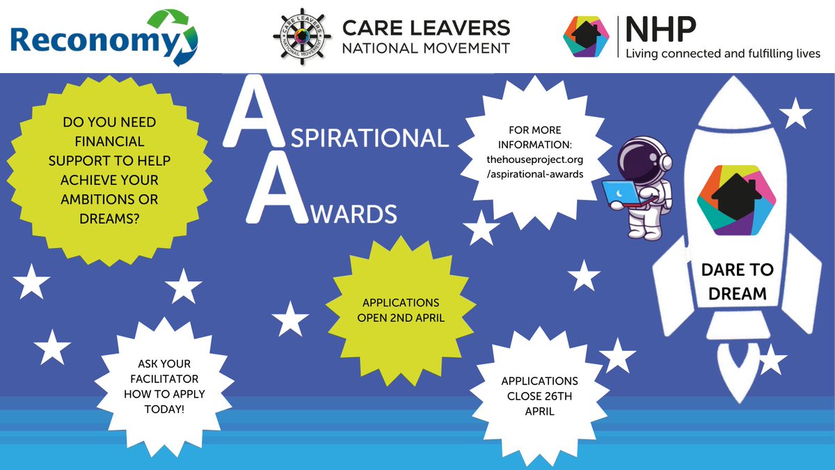 Aspirational Awards! Have a dream or ambition you want to achieve but not sure how? Then why not apply for one of our Aspirational Awards to see your dream come true! 🤩 Visit the link below to find out more: ow.ly/bIit50RfXYH #NHP #CLNM #DreamBig