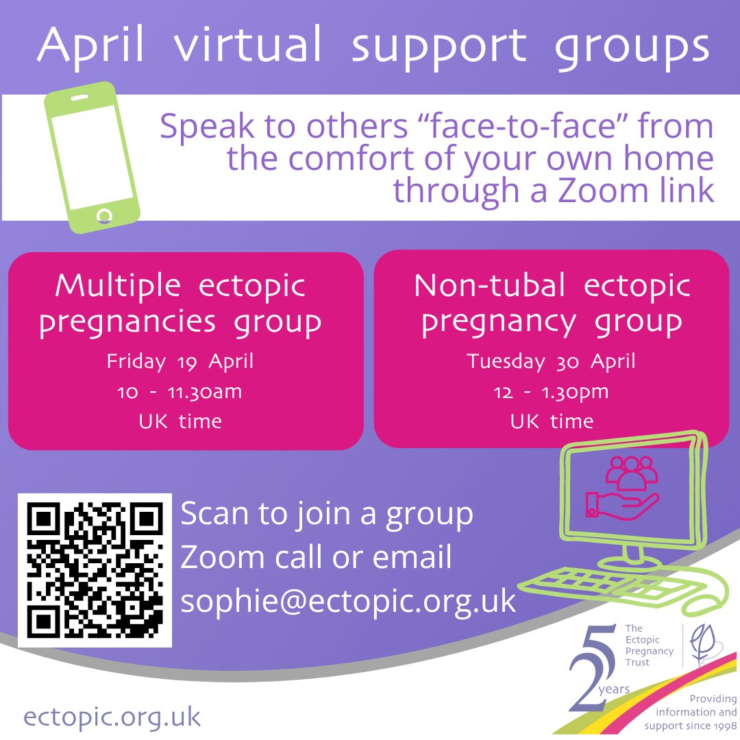 Spaces remain on our April virtual support groups; Friday 19 April, for anyone that has experienced multiple ectopic pregnancies, and Tuesday 30 April, for anyone that has experienced a non-tubal ectopic pregnancy. Email sophie@ectopic.org.uk for enquries