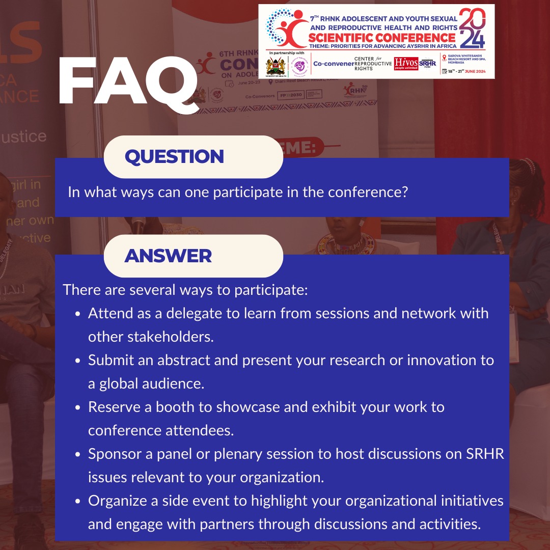 While abstract submissions are now closed, there are still numerous ways to engage and participate in the #RHNKConference2024! Your participation will contribute to advancing the conversation around AYSRHR & making a positive impact. We look forward to having you join us!