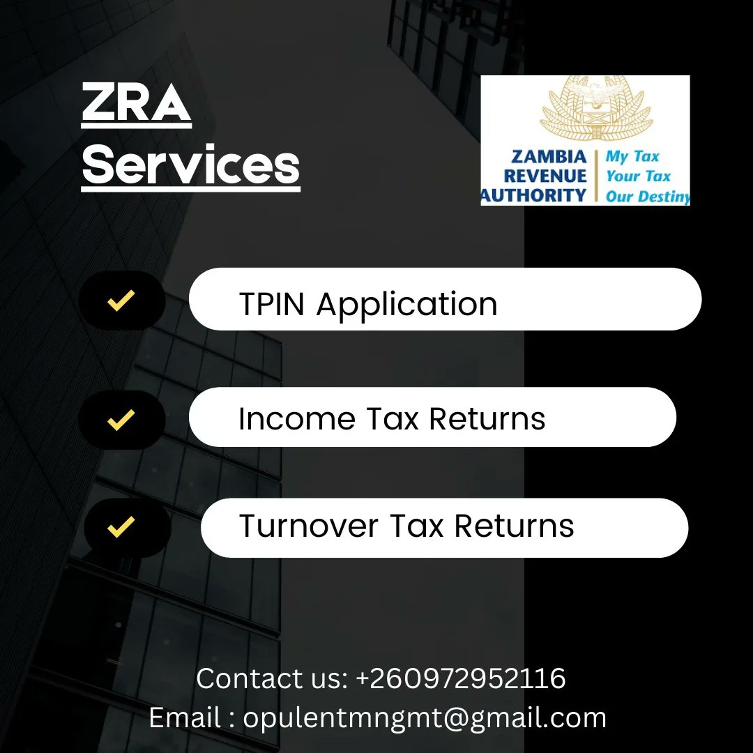 mwilapops's tweet photo. Services Offered under ZRA:
TPIN Application
Income Tax Returns
Turn Over Tax Returns. https://t.co/v98xrEanm8