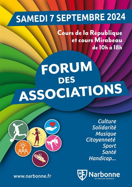 [INSCRIPTIONS] Le Forum des Associations de Narbonne aura lieu le samedi 7 septembre 2024, de 10h à 18h, sur le Cours République et le Cours Mirabeau. (ouvert aux associations dont le siège social est à Narbonne). Vous êtes une association ? Alors téléchargez le bulletin…