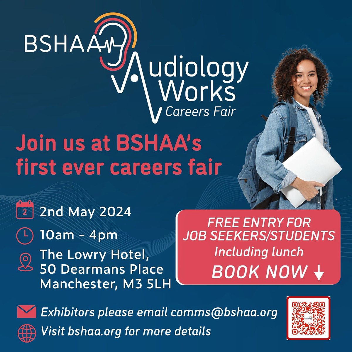 Join us at the BSHAA 'Audiology Works' Careers Fair on May 2nd, 2024! 📅 Date: Thursday, May 2nd, 2024 🕙 Time: 10am - 4pm 📍 Location: The Lowry Hotel, 50 Dearmans Place, Salford, M3 5LH 🍽️ Lunch: Enjoy a complimentary buffet lunch from 12pm to 2pm! #BSHAA #CareersFair