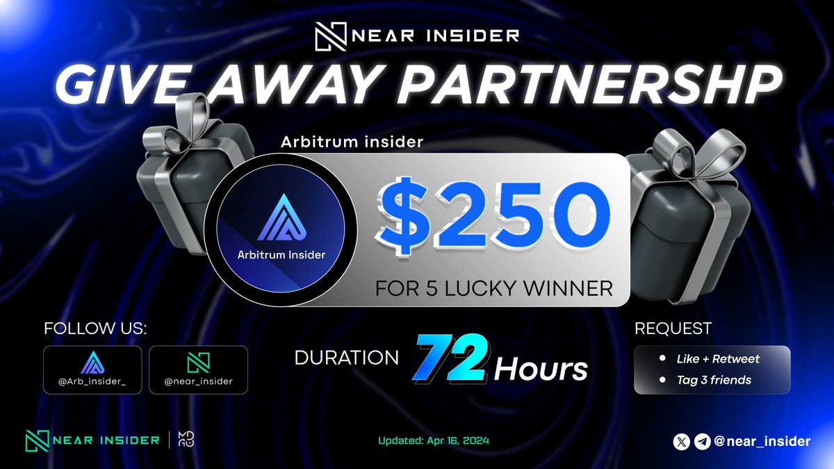 near_insider's tweet photo. 🚨 GIVEAWAY ALERT 🚨

🎉 We're delighted to introduce a unique giveaway event, in partnership with our esteemed collaborator, exclusively for members of our community! 🎉

🎁250 $USDC for 5 winners
⏰ Duration: 72 Hours

✅ Rules:

• Follow @arb_insider_  @near_insider
• Like + RT
• Tag 3 friends

#NEAR $NEAR