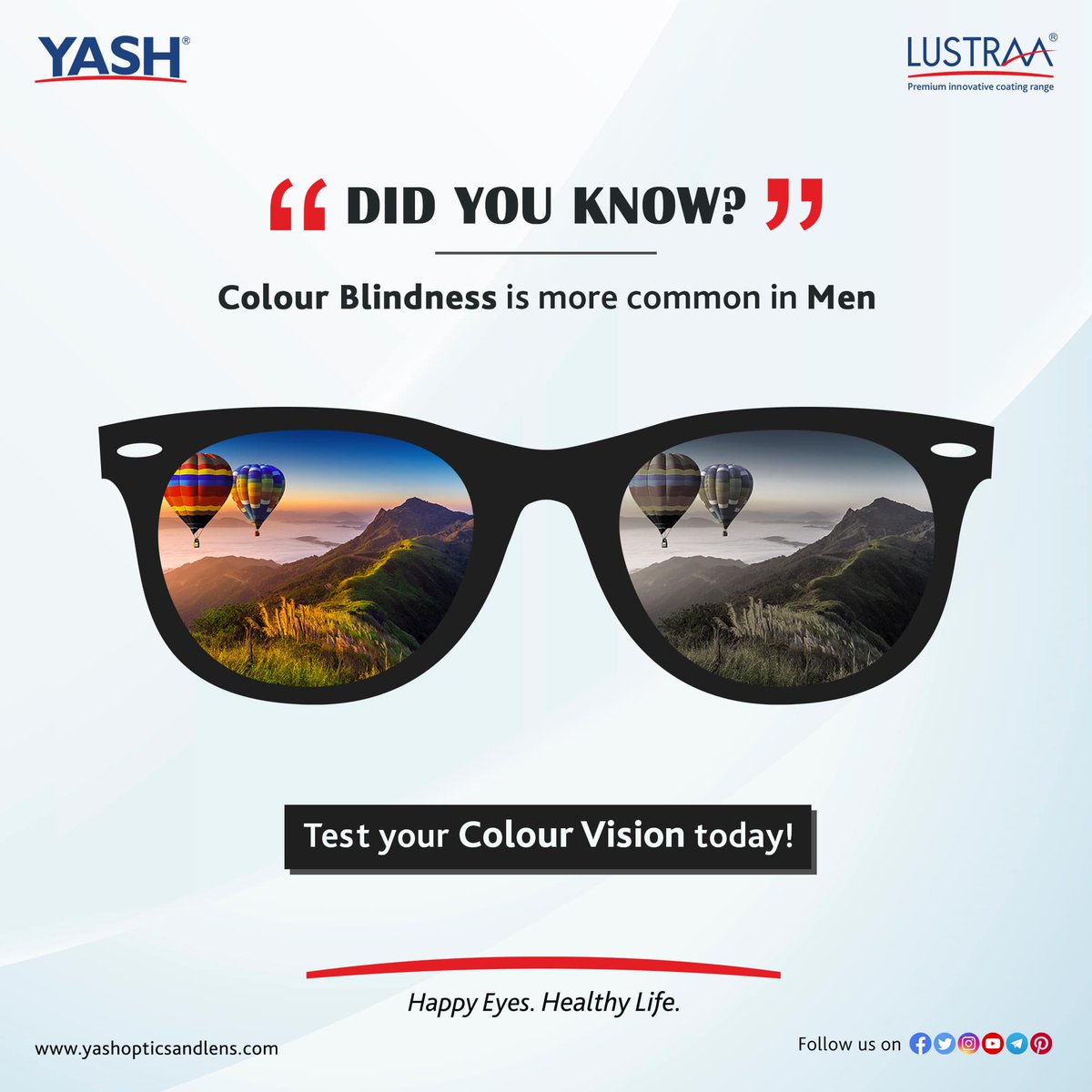 It’s estimated that there are 300 million #colourblind people in the world!
#DidYouKnow #ColourBlindness #ColourBlind #ColourVision #EyeTest #Eyes #EyeFacts #Awareness #EyeAwareness #EyeCare #EyeSight #EyeCareSpecialists #EyeProblems #LustraaCoatings #YashOpticsandLens #HappyEye