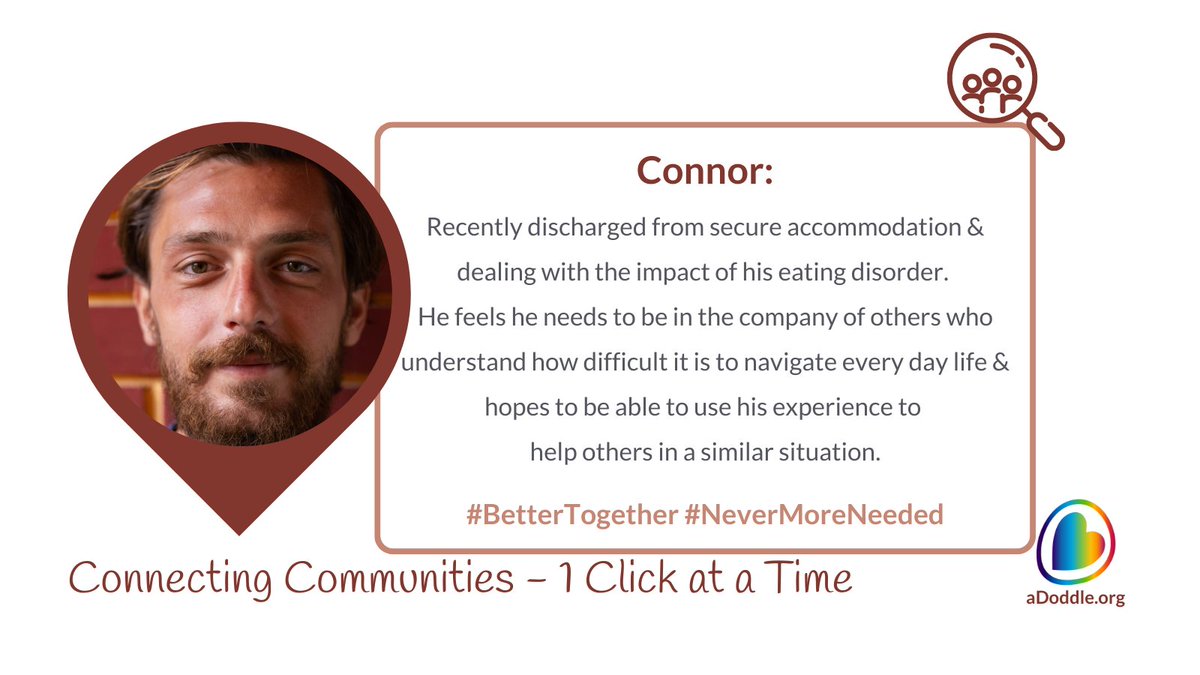 'Connor' has been discharged from secure accommodation & is dealing with the impact of his eating disorder. He'd like to be in the company of those who understand & hopes to help others in a similar situation. For 𝗘𝘃𝗲𝗿𝘆𝗼𝗻𝗲 and 𝗘𝘃𝗲𝗿𝘆 𝗖𝗼𝗺𝗺𝘂𝗻𝗶𝘁𝘆📍 #aDoddleIt