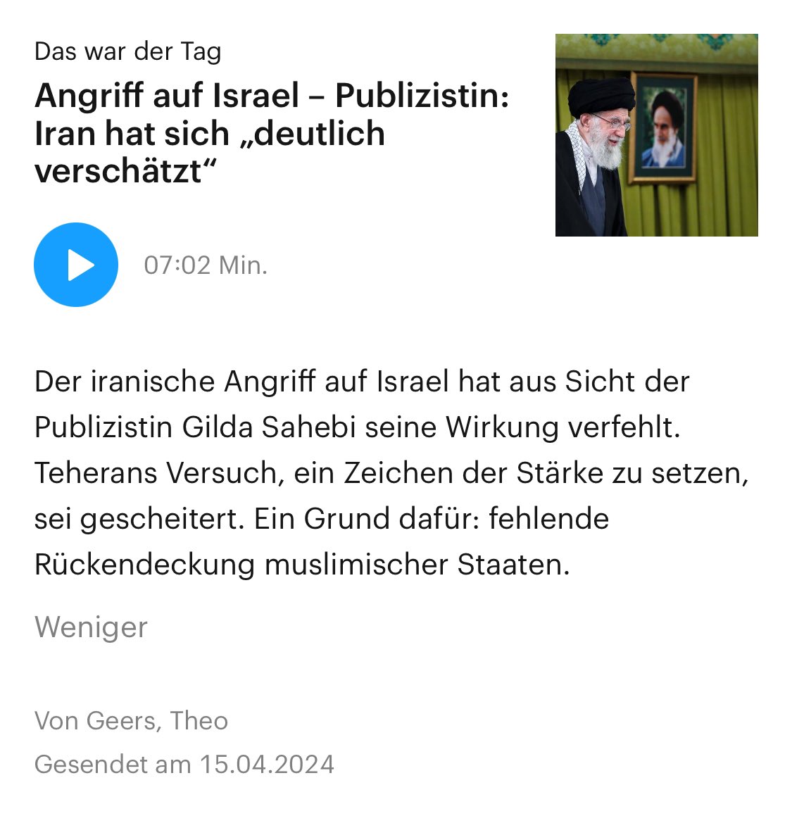 Im @DLF habe ich meine Einschätzung geteilt, dass das iranische Regime sich verrechnet haben könnte - und warum es nach dem Angriff schwächer da steht als zuvor. share.deutschlandradio.de/dlf-audiothek-…