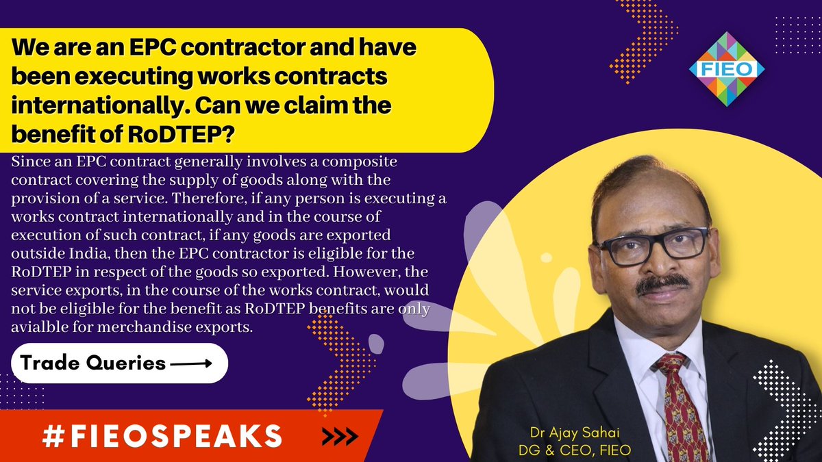 #TradeQueries 

We are an EPC contractor and have been executing works contracts internationally. Can we claim the benefit of RoDTEP?

#FIEOSpeaks #exports #imports #goods #works #contracts #internationally #exporter #importer #RoDTEP #claim #benefit #EPC #contractor #Trade