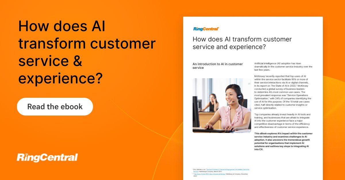 RingCentralUK's tweet photo. How can businesses benefit from new AI-driven #customerexperience technology? This eBook shares how this tech can help to empower agents and more: https://t.co/uJRnuCuOKR https://t.co/uWtV8Ajiub