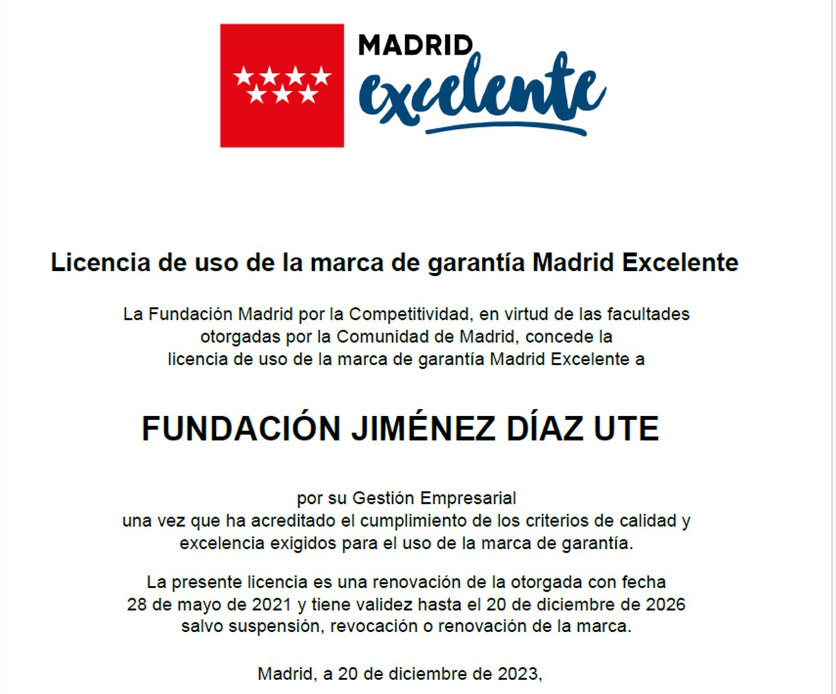 ¡Acabamos de renovar el sello @MadridExcelente! Llevamos recibiendo este reconocimiento a la calidad de nuestra gestión desde el año 2018, cuando nos convertimos en el primer hospital público madrileño de nuestra categoría en obtener este certificado