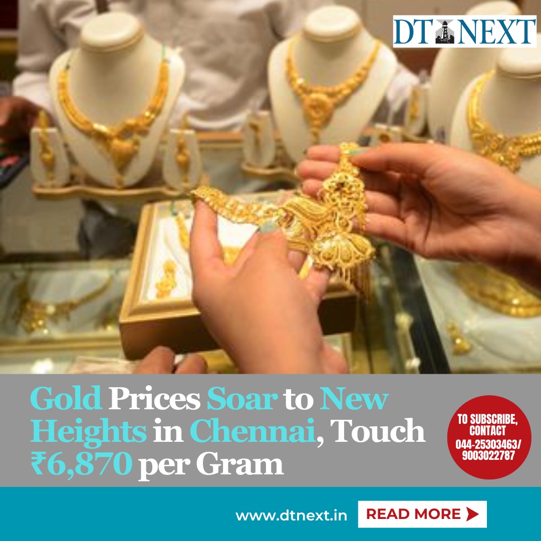 Gold prices in Chennai hit an all-time high, reaching ₹6,870 per gram. The cost of 22-carat gold surged by ₹640 per sovereign, now standing at ₹54,960. Meanwhile, silver prices also saw a modest increase, trading at ₹90.50 per gram.

#DTNext #GoldPrice #ChennaiGoldPrice