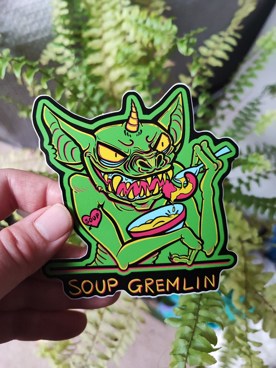 MikuPlantmanArt's tweet photo. Almost forgot to post the most delicious sticker of all: Soup Gremlin!
Hide your soup, it's gonna eat it!
#soup #soupgremlin #stickerdesign #sticker #gremlin #green #injoke #Smallartist https://t.co/16c9Pd72jQ