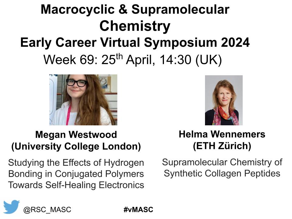Our next seminar will be from from Megan Westwood (UCL)@mmwestwood and Helma Wennemers (ETH Zürich) speaking Thursday 25th April 14:30 (UK). Register at mascgroup.co.uk/vmasc-4/ to attend! 📷