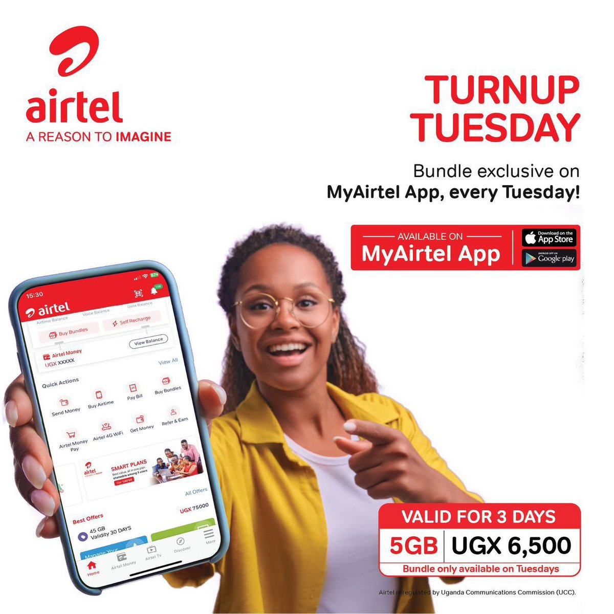 Brighten up your day with #TurnUpTuesday bundle from @Airtel_Ug at only UGX 6,500. Download the #MyAirtelApp via airtelafrica.onelink.me/cGyr/qgj4qeu2 to subscribe for this offer.