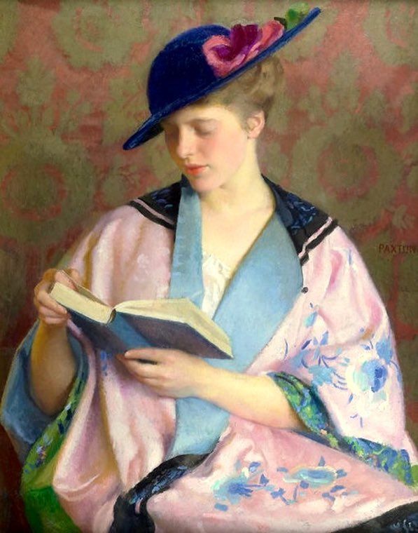 Blue Book (1914) By William McGregor Paxton (American artist, lived 1869–1941). Reading a book, a harmonious colour palette, and an excellent hat – what more could you ask? #Reading