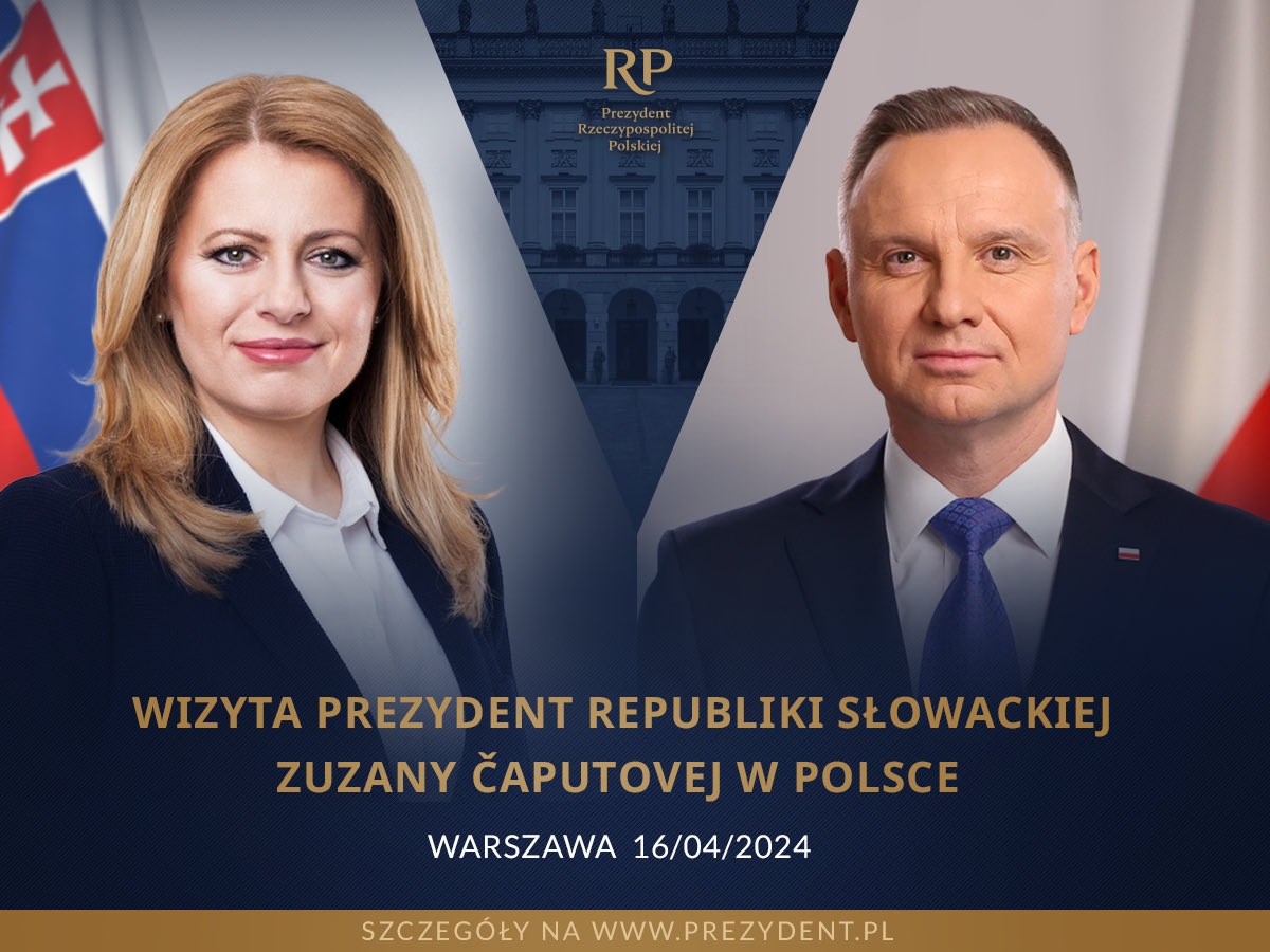 Dziś (16.04) wizytę oficjalną w Polsce złoży Prezydent Republiki Słowackiej @ZuzanaCaputova, która w Pałacu Prezydenckim w Warszawie spotka się z Prezydentem RP @AndrzejDuda. 📣 O godz. 11.00 konferencja prasowa Prezydentów 🇵🇱🇸🇰