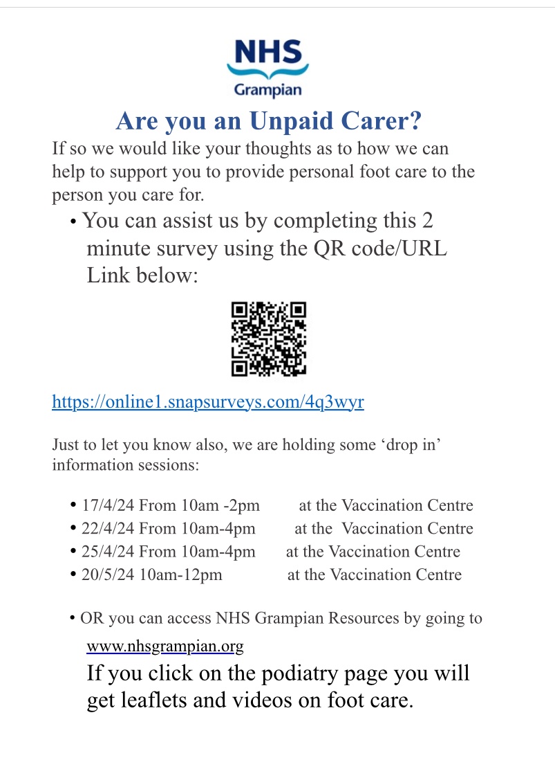 Are you or do you know an unpaid carer? Could you do with some advice on how to provide personal foot care to the person you care for? Come down to Aberdeen City Vaccination and Well-being hub on any of the dates below and see one of the Podiatry team. @Reid1Sandy @HSCAberdeen