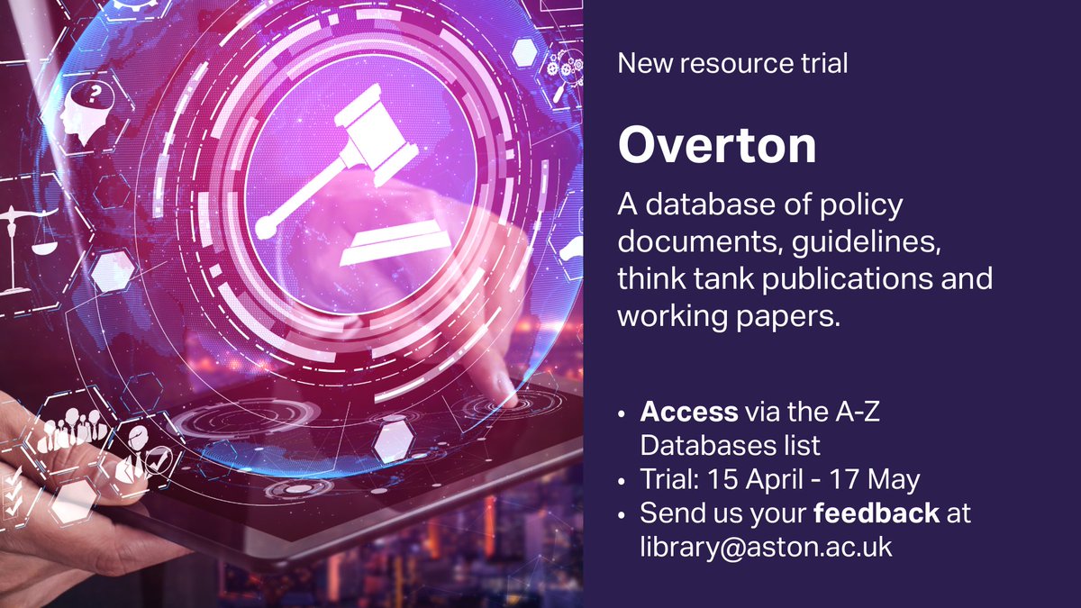 Searching grey literature or looking at research impact? Try Overton - our new resource trial until May 17th. Access via the database A-Z.
libguides.aston.ac.uk/az.php?a=o