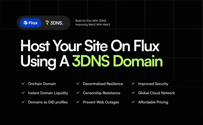 Sabia que pode hospedar seu site na rede #Flux usando um domínio #Web3 da @3dns_inc? 🌐 $FLUX @RunOnFlux