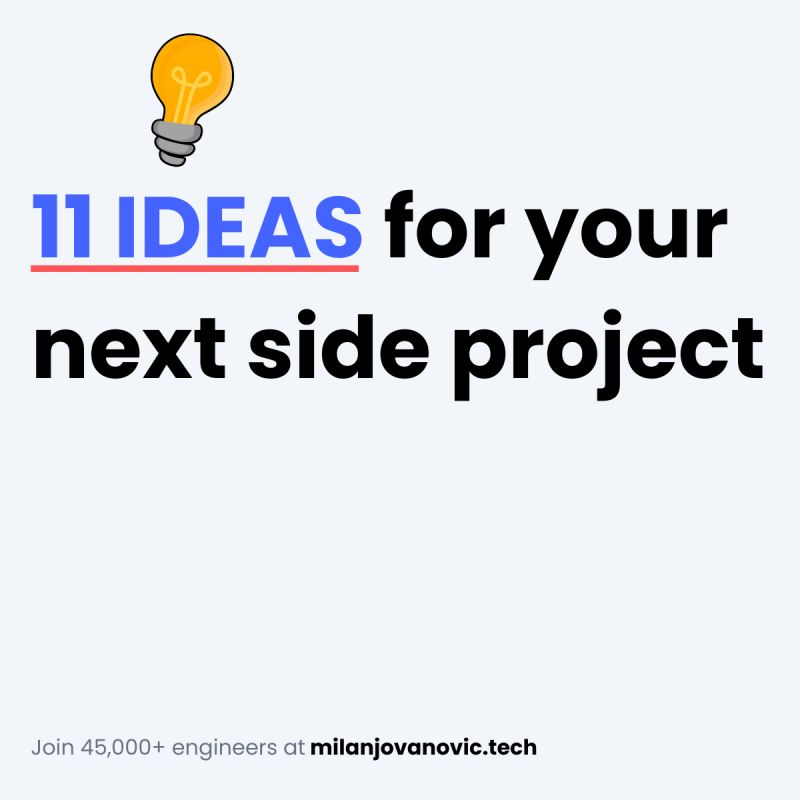 mjovanovictech's tweet photo. Here are 11 ideas for your next side project. 
 
Never run out of things to build. 👇 
 
1. Basic Online Store 
 
- Cart functionality 
- Product catalog, search 
- Order management 
- Payment integration 
- Basic recommendation system 
 
2. Subscription-based Marketplace 
 
- A platform for selling subscription services/products 
- Recurring billing 
- User account management 
- Content/product access control 
 
3. Auction Platform 
 
- Real-time bidding system 
- Item listing 
- Seller reputation 
- Payment handling for successful bids 
 
4. Simple Blogging Platform 
 
- Post creation/editing 
- Categorization 
- Commenting 
- Basic user profiles 
- Content search 
 
5. Document Management System 
 
- Document storage 
- Version control 
- Collaboration features 
- Search 
- Access permissions 
 
6. Recipe Management & Sharing 
 
- Recipe creation 
- Ingredient indexing 
- Nutritional information calculation 
- Community sharing/reviews 
 
7. Project Management Tool 
 
- Task assignment 
- Timelines (Gantt chart optional) 
- Collaboration features 
- Progress reporting 
 
8. Inventory & Warehouse Management 
 
- Stock level tracking 
- Purchase orders 
- Reorder notifications 
- Basic shipment logistics 
 
9. Basic Social Network 
 
- User profiles 
- Newsfeed 
- Messaging 
- Interest groups 
- Basic forum functionality 
 
10. Personal Finance Tracker 
 
- Expense logging 
- Budgeting tools 
- Basic investment tracking 
- Financial goal visualization 
 
11. Healthcare Appointment Management 
 
- Patient scheduling 
- Provider profiles 
- Basic medical history 
- Appointment reminders 
 
If you're ready to improve your .NET and software architecture skills, you will love the .NET Weekly. 
 
Join 47,000+ engineers: https://t.co/mUw91jm5Rv
 
--- 
 
✍️ Which one would you build? 
♻️ Reshare if you liked this.