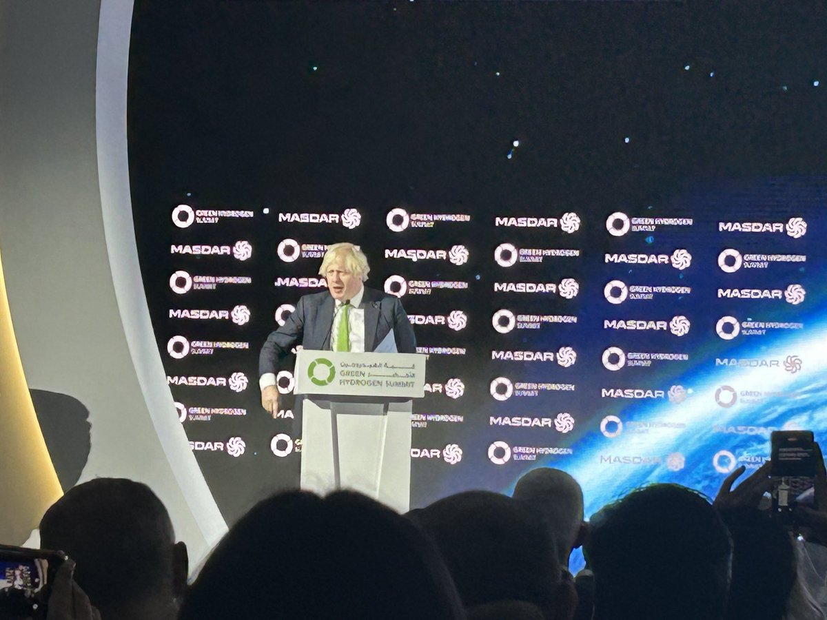Green Hydrogen Summit in Abu Dhabi. Boris Johnson speaking on paving the way to taking the green initiatives from dialogue to reality <a href="/Masdar/">Masdar</a> <a href="/NFIA/">Nfia</a> <a href="/DutchMFA/">Dutch Ministry of Foreign Affairs 🇳🇱</a>