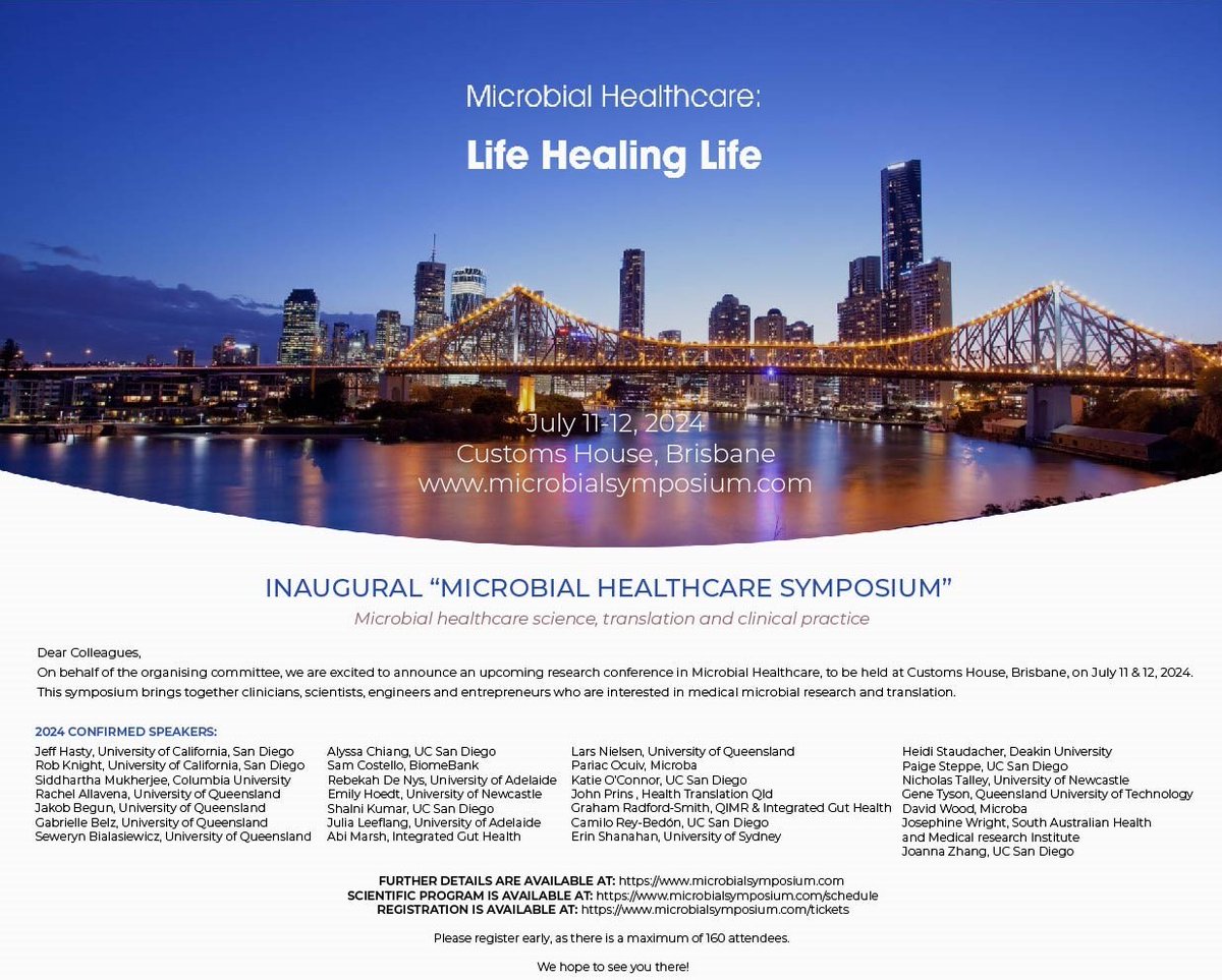 The inaugral Microbial Healthcare Symposium <a href="/microbialsym/">Microbial Healthcare Symposium</a>, organised by <a href="/UQ_News/">UQ News</a> and <a href="/UCSDHealth/">UC San Diego Health</a>, is being held on July 11 and 12, 2024 at Custom House, Brisbane. Register your interest in attending at microbialsymposium.com