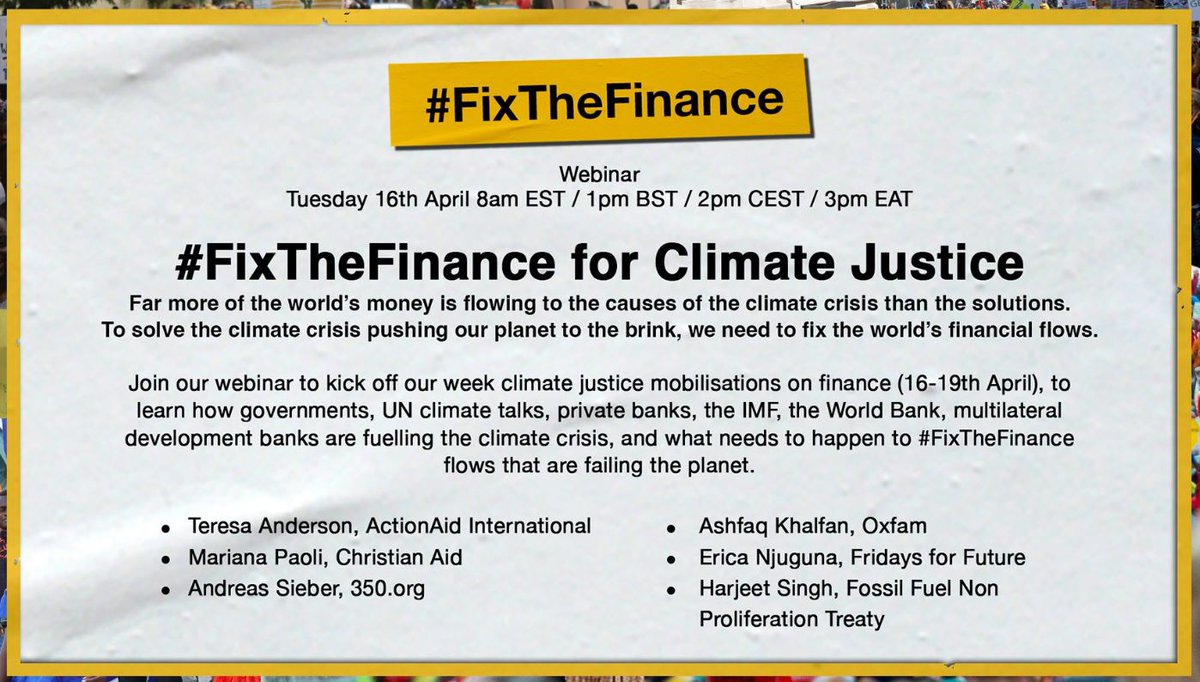 #SriAgenda in 15min - #Apr16 2pm CEST

#FixTheFinance for Climate Justice
us02web.zoom.us/webinar/regist…

#fossilfreefinance #fossilfueldivestment #climateemergency @ActionAid @christianaid @350 @Oxfam @ChiaraPutaturo @Fridays4future @FFFMAPA @fossiltreaty @SriEvent_It @SRI_Natives
