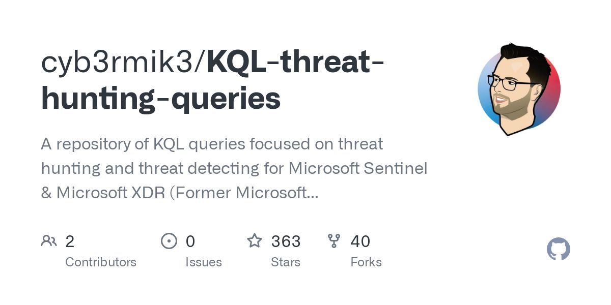 Great food for thought!
[Repo] KQL-threat-hunting-queries
A repository of KQL queries focused on threat hunting and threat detecting for Microsoft Sentinel & Microsoft XDR
 buff.ly/3Uh3OPO

#ThreatHunting