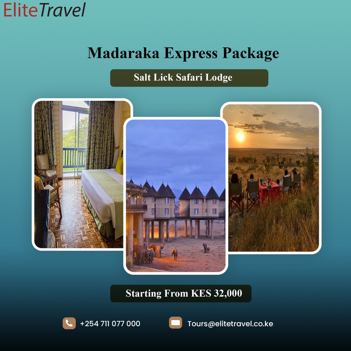 EliteTravelKE's tweet photo. Take a ride to the heart of Tsavo.

Salt Lick Safari Lodge 2 Nights 3 Days Package.

Contact us for bookings and more information:
Call:+254 711 077 000
Email:Tours@elitetravel.co.ke
#elitetravel #tours #travel #taitahillswildlifesanctuary #saltlicksafarilodge https://t.co/qKVVWIaklj
