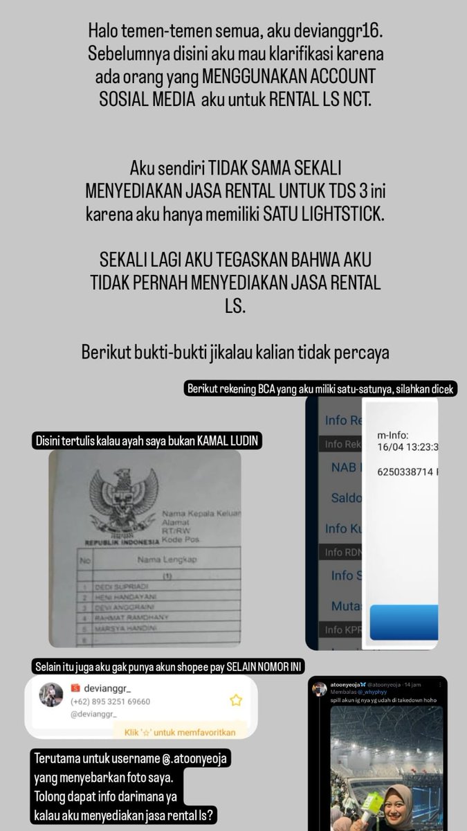 devianggr's tweet photo. ‼️ [SCAMMER YANG MENGATASNAMAKAN ACC INSTAGRAM AKU @devianggr16_ ] HELP RT ‼️

Halo temen2 semua, ini aku yang punya akun instagram devianggr_ Sebelumnya disini aku mau klarifikasi karna ada seseorang yg mengatasnamakan AKU RENTAL LS NCT KEMUDIAN SCAM https://t.co/hIKQ74oZOa