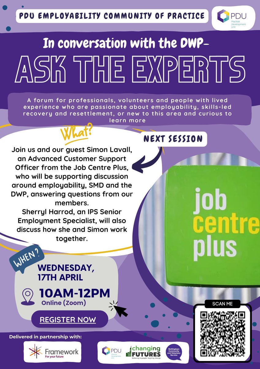 Join our Practice Development Unit's (PDU) Ask the Experts session this Wed! Our PDU's Employability Community of Practice is hosting an online Q&A on employability, Severe Multiple Disadvantage and the DWP. 📅💻 Wed 17 April, 10am-12pm, Zoom. Visit: buff.ly/3xE7ySI